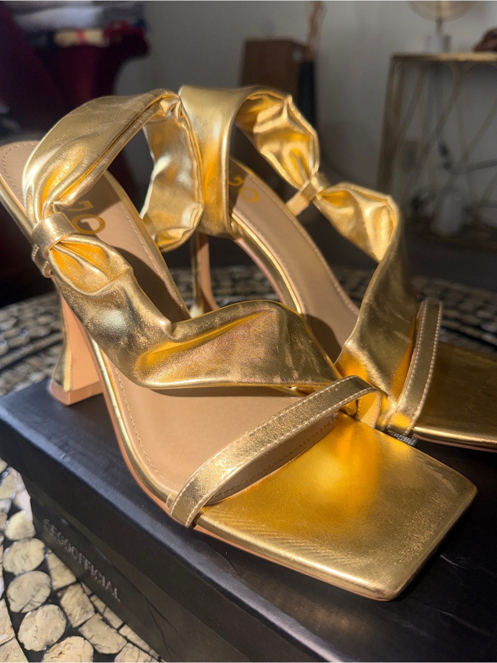 EGO Metallic Gold Twisted Strap Block Heel Sandals